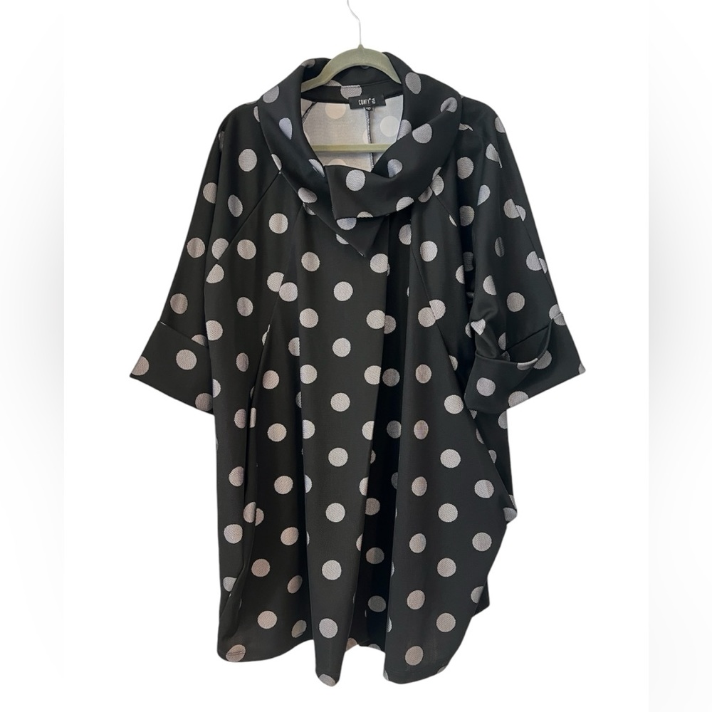 Comfy USA Coat Jacket Large 3/4 sleeve tech fabric Cowl Neck Polka Dot, Black